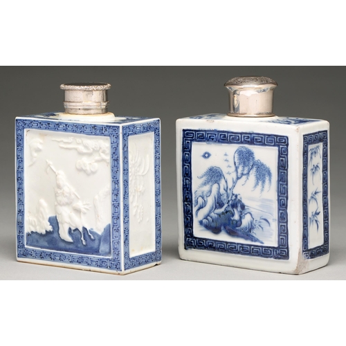 101 - A Chinese moulded blue and white tea caddy and cover, 18th c, with an immortal and deer, bat and pru... 