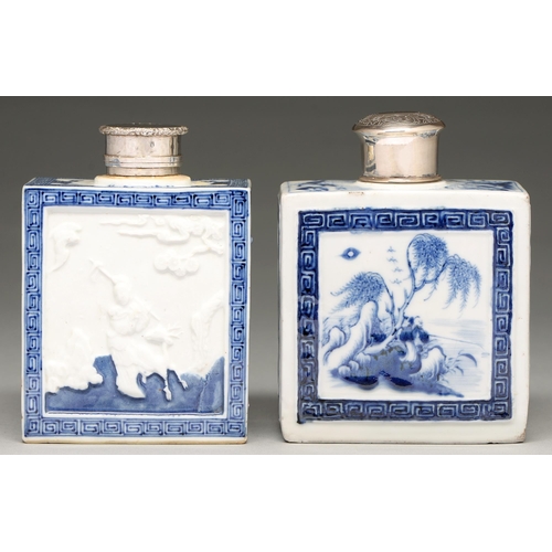 101 - A Chinese moulded blue and white tea caddy and cover, 18th c, with an immortal and deer, bat and pru... 