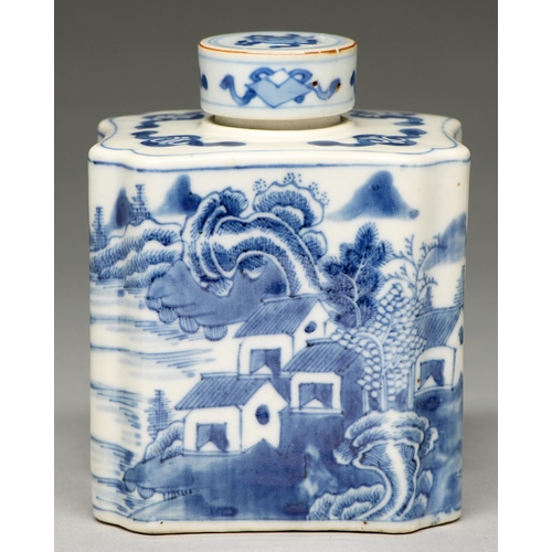 102 - A Chinese blue and white tea caddy and a cover, late 18th c, painted with landscapes, 13 cm h... 