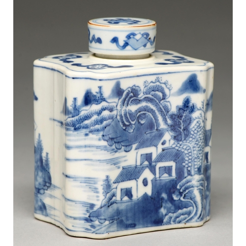 102 - A Chinese blue and white tea caddy and a cover, late 18th c, painted with landscapes, 13 cm h... 