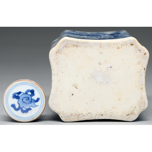 102 - A Chinese blue and white tea caddy and a cover, late 18th c, painted with landscapes, 13 cm h... 