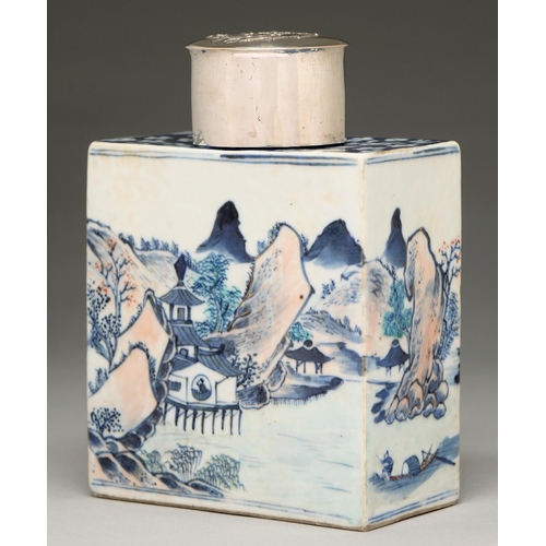 103 - A Chinese blue and white tea caddy and a cover, 19th c, painted with landscapes, 13cm h and a larger... 