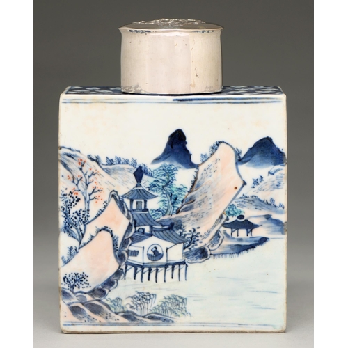 103 - A Chinese blue and white tea caddy and a cover, 19th c, painted with landscapes, 13cm h and a larger... 