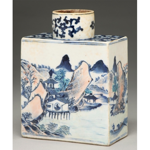 103 - A Chinese blue and white tea caddy and a cover, 19th c, painted with landscapes, 13cm h and a larger... 