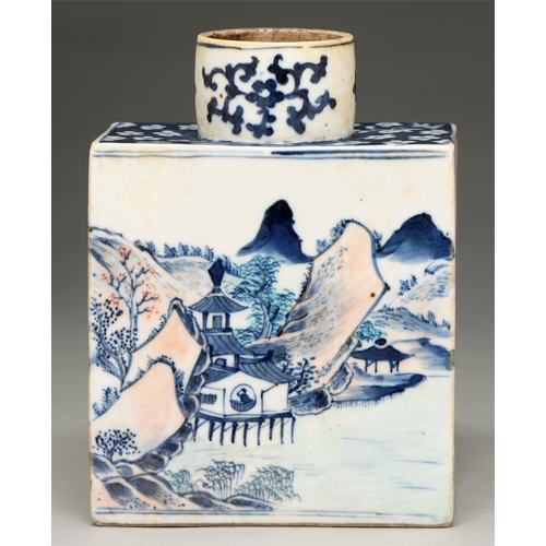 103 - A Chinese blue and white tea caddy and a cover, 19th c, painted with landscapes, 13cm h and a larger... 