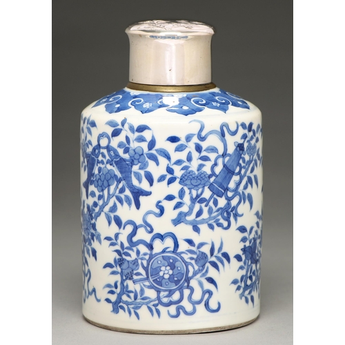 106 - A Chinese blue and white tea canister, probably 19th c, painted with lotus and emblems of the immort... 