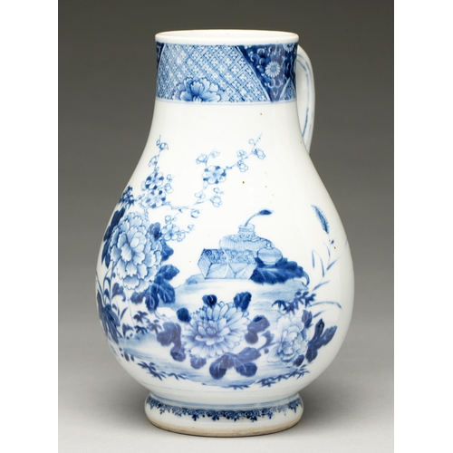 107 - A Chinese blue and white jug, 18th c, painted with peony and prunus before a group of objects beneat... 