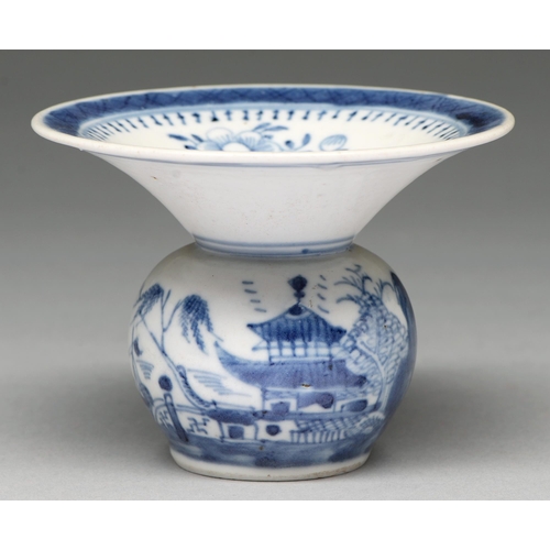 108 - A Chinese blue and white spittoon, 18th c, painted with landscape and three flowers in diaper border... 