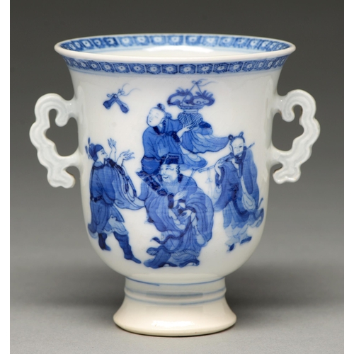 109 - A Chinese blue and white cup, probably 19th c, bell shaped with cloud handles and painted with immor... 