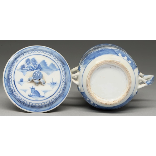 110 - A Chinese blue and white two handled cup and cover, early 19th c, with entwined handles, painted to ... 