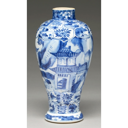 111 - A Chinese blue and white baluster vase, 18th c, painted with landscapes and figures between lightly ... 