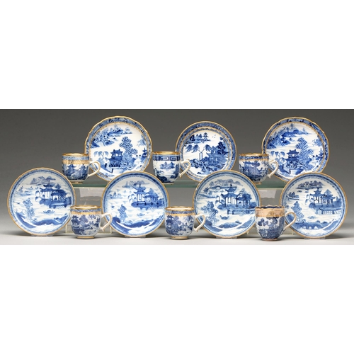 113 - Thirteen pieces of Chinese blue and white export porcelain teaware with European gilt decoration, la... 