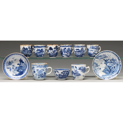 114 - Eleven Chinese blue and white export porcelain coffee and other cups and saucers, 18th and early 19t... 