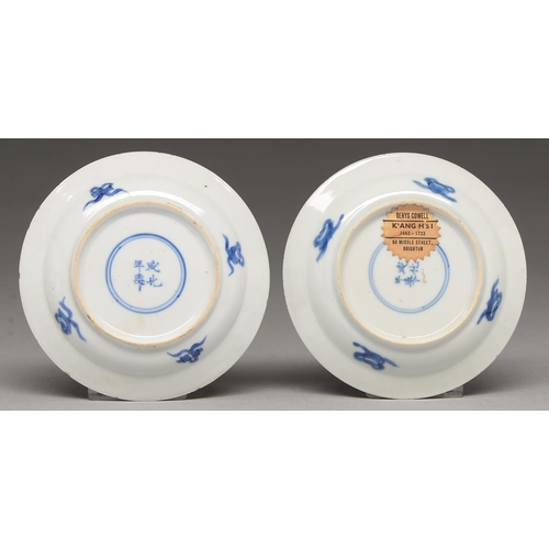 119 - A pair of Chinese blue and white miniature plates, Kangxi period, painted with a woman and jumping b... 