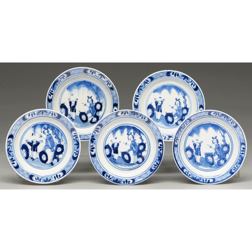 120 - A set of five Chinese blue and white miniature plates, 19th c, painted with a woman and child beneat... 