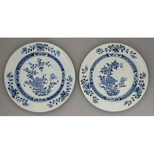 122 - Nanking Cargo. A pair of Chinese blue and white Peony and Pomegranate pattern plates, c1750, 23cm di... 