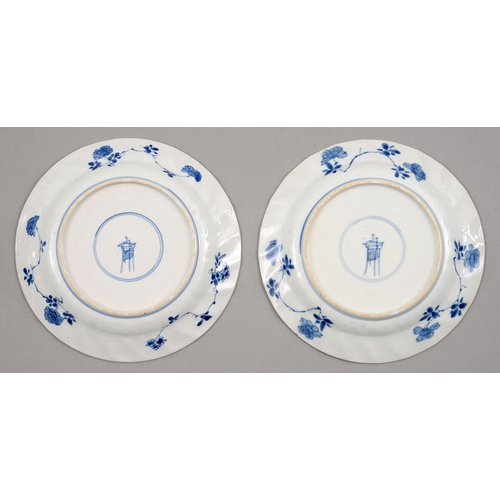 126 - A pair of Chinese blue and white plates, Kangxi period, painted with peonies and other plants, the b... 