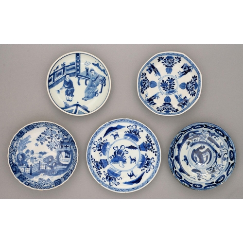 133 - Five Chinese blue and white saucers, 18th and 19th c, painted with figures or other subjects, 15.5cm... 