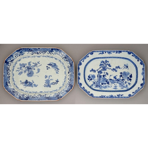 138 - Two Chinese blue and white dishes, 18th c, painted with a crane and peony before a fence or four gro... 