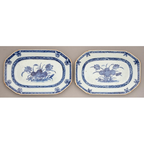 142 - A pair of Chinese blue and white tureen stands, 18th / early 19th c, painted with lotus and insects ... 