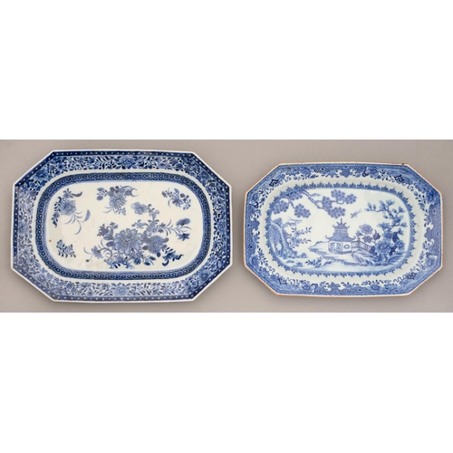 143 - Two Chinese blue and white dishes, 18th c, painted with loose bouquets and scattered flowers in cell... 