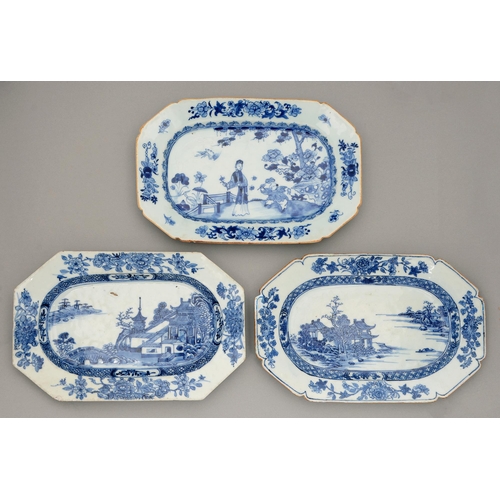 144 - Three Chinese blue and white dishes, 18th c, painted with a lady and boy with a fan, or river scenes... 