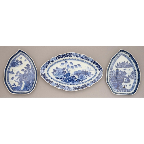 145 - Two Chinese blue and white leaf shaped dishes, 18th / early 19th c, painted with river scenes in cel... 