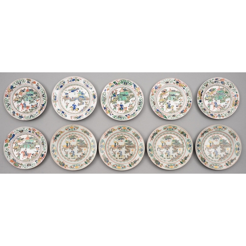 148 - Ten Chinese famille verte plates, six Kangxi period, four later, enamelled with a dignitary on a yel... 