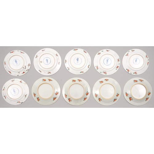 148 - Ten Chinese famille verte plates, six Kangxi period, four later, enamelled with a dignitary on a yel... 