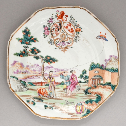 150 - A Chinese armorial plate, c1770, enamelled with the arms of Peach quartering Small with, in pretence... 