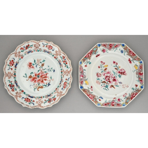 152 - Two Chinese famille rose plates, c1770, enamelled with peony and other flowers, octagonal plate 21.5... 