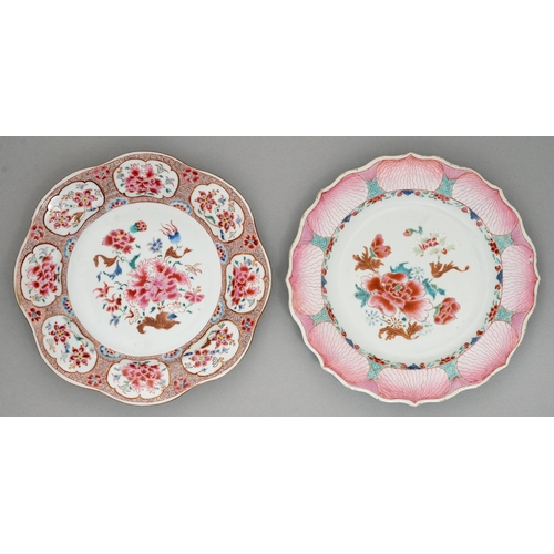 153 - Two Chinese famille rose plates, c1770, enamelled with peony, one with pink and turquoise flower pan... 