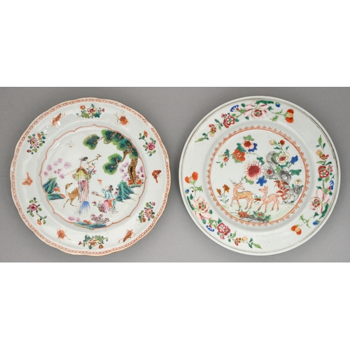 154 - Two Chinese famille rose plates, c1770, one enamelled and gilt with deer beneath tree peony in gilt ... 