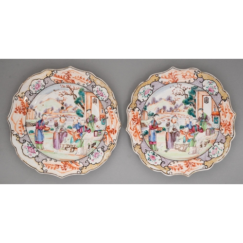 155 - A pair of Chinese famille rose plates, c1780, richly enamelled with 'mandarin' scenes, the purple di... 