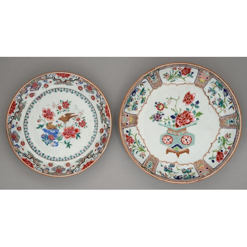 156 - Two Chinese famille rose dishes, c1780, enamelled with a flower filled vase or birds and flowers, th... 