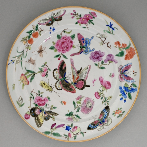 158 - A Chinese famille rose 'Butterflies' plate, early 19th c, enamelled with crickets and other insects,... 