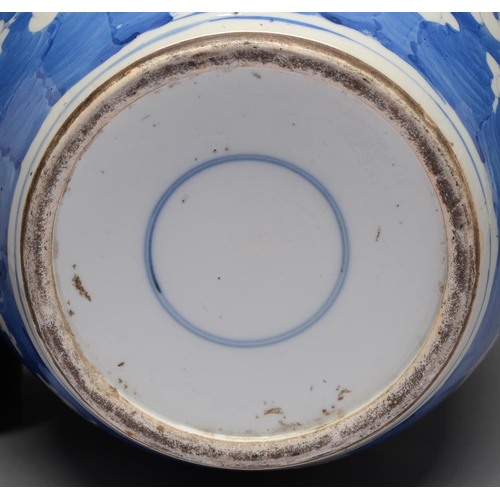 161 - A Chinese blue and white jar, late 19th / early 20th c, painted with prunus on a cracked ice ground,... 