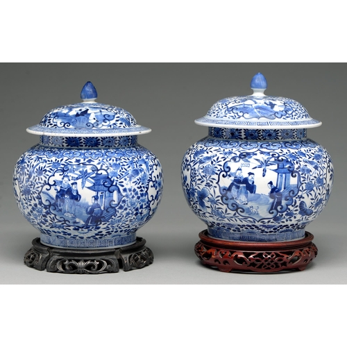 163 - A pair of Chinese blue and white jars and covers, late 19th c, compressed ovoid, painted with a sage... 