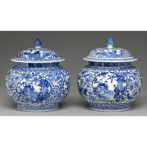 163 - A pair of Chinese blue and white jars and covers, late 19th c, compressed ovoid, painted with a sage... 