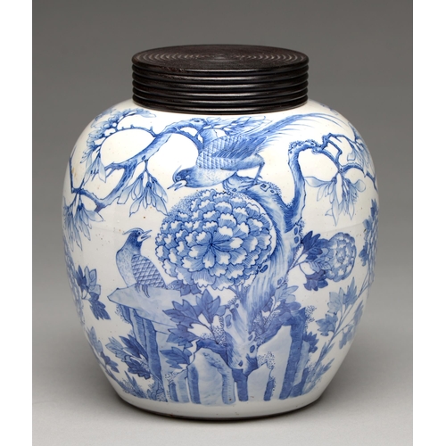 164 - A Chinese blue and white jar, 19th c or later, painted with birds in branches and peonies, 21cm h... 