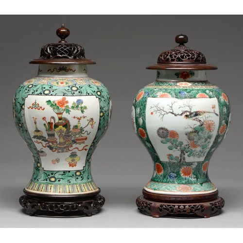 170 - Two Samson famille verte jars, enamelled in Kangxi style with birds or flower filled objects on a gr... 