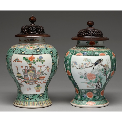 170 - Two Samson famille verte jars, enamelled in Kangxi style with birds or flower filled objects on a gr... 