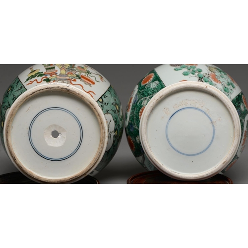 170 - Two Samson famille verte jars, enamelled in Kangxi style with birds or flower filled objects on a gr... 