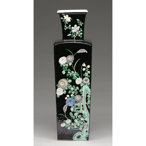 171 - A Chinese famille noire vase, late 19th - early 20th c, of square section, enamelled with lotus, chr... 