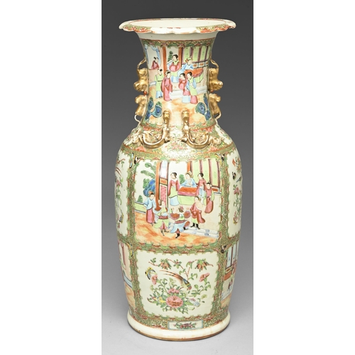 172 - A Chinese Canton famille rose vase, 19th c, applied with gilt chilong and dog of Fo handles, typical... 