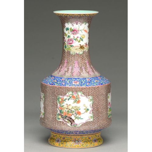 173 - A Chinese famille rose vase, 20th c, finely enamelled with birds on branches, chrysanthemums and qua... 