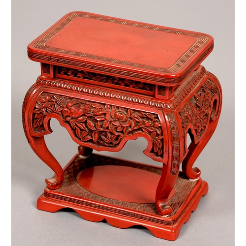 178 - A Chinese cinnabar lacquer stand, 19th / early 20th c, of table form, the sides and apron carved wit... 