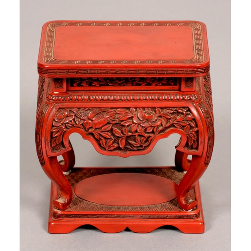 178 - A Chinese cinnabar lacquer stand, 19th / early 20th c, of table form, the sides and apron carved wit... 