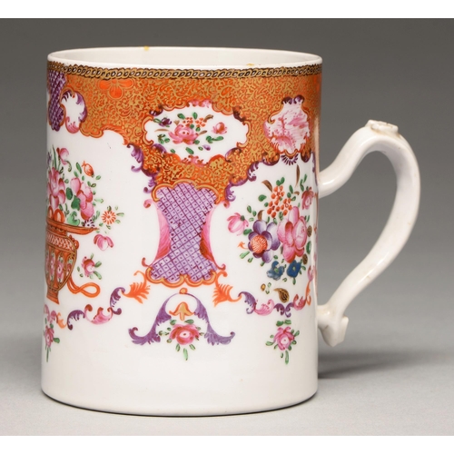 183 - A Chinese famille rose mug, 19th c, cylindrical with moulded terminals to the plain handle, enamelle... 