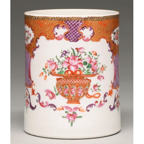 183 - A Chinese famille rose mug, 19th c, cylindrical with moulded terminals to the plain handle, enamelle... 